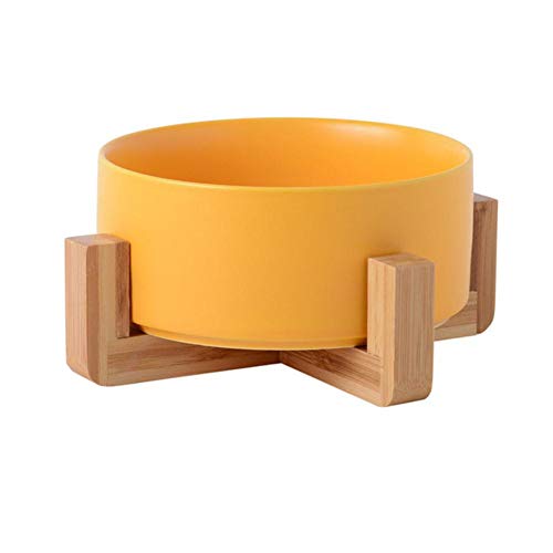 Niedliche Keramik Pet Bowl Katzenwelpen Fütterungszubehör Doppelschüsseln Hundefutter Wasserzufuhr Mit Holzregal Halsschutz Katzenschale-Einzelgelb, M Durchmesser 15,5 cm von NIQIU