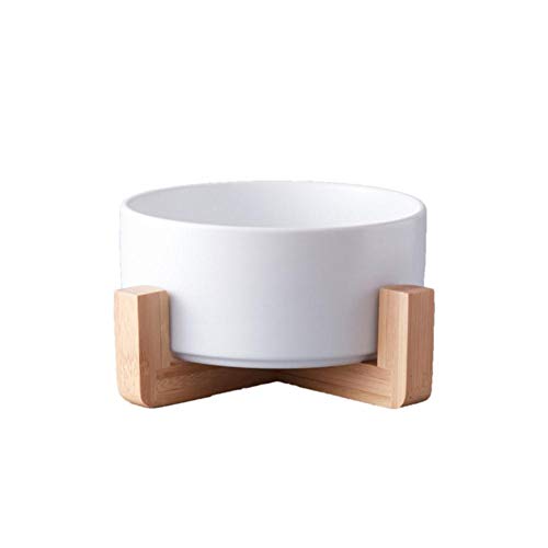 Niedliche Keramik Pet Bowl Katzenwelpen Fütterungszubehör Doppelschüsseln Hundefutter Wasserzufuhr Mit Holzregal Halsschutz Katzenschale-Single Weiß, S Durchmesser 12,8 cm von NIQIU