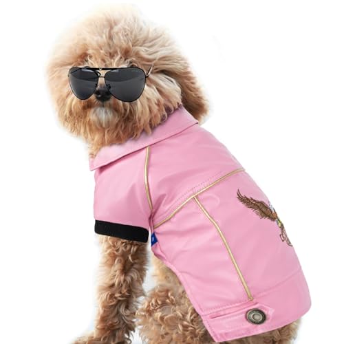 NIULA Hunde-Lederjacke – niedliche Lederjacken, Motorradkleidung mit Knöpfen, wasserdichter Wintermantel für kleine, mittelgroße Hunde (Rosa, L) von NIULA