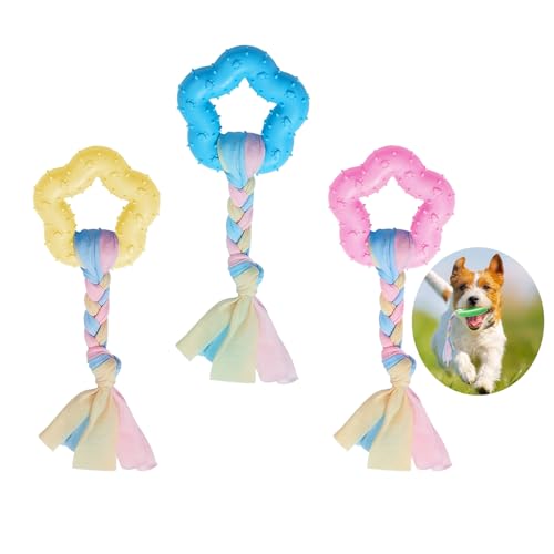 NIYATA 3-teiliges Hundespielzeug-Set für kleine Hunde, Kauspielzeug für Hunde, Naturkautschuk & Baumwollseile, Zahngesundheit, lindert Angst (Rosa, Gelb, Blau) von NIYATA