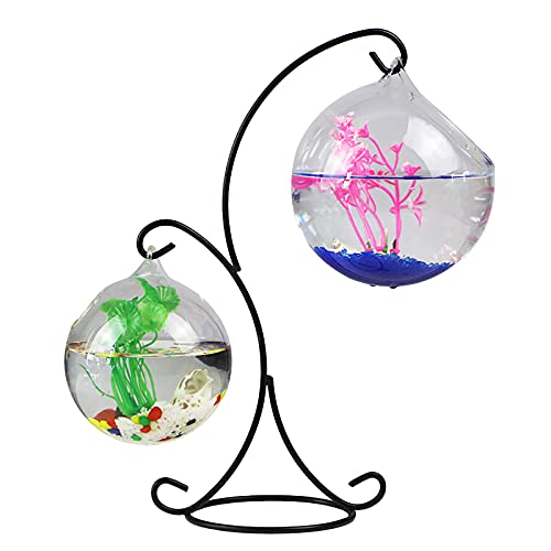 Tisch-Hängeglas-Fischschale, Mini-Aquarium mit Ständer, Glas-Betta-Fischschale, Klare Fisch-Zylinderschale mit Eisenständer, Hängende Fischschale, Pflanzenvase für Hausgarten-Dekoration(A2) von NLDGR