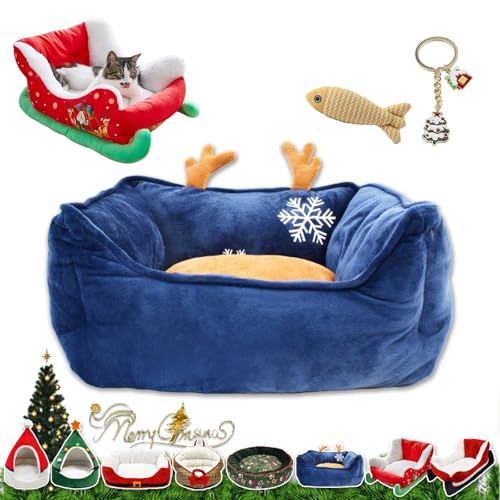 Cat Sleigh Bed, Christmas Sleigh Cat Bed with Non-Slip Bottom, Washable Christmas Dog Bed, Fuzzy Holiday Cat Bed, Keep Warm & Super Soft, Fits an 18Inch Crate, for All Size Dogs & Cats (Blue antlers) von NNBWLMAEE