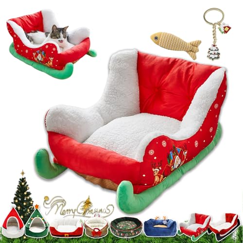 Cat Sleigh Bed, Christmas Sleigh Cat Bed with Non-Slip Bottom, Washable Christmas Dog Bed, Fuzzy Holiday Cat Bed, Keep Warm & Super Soft, Fits an 18Inch Crate, for All Size Dogs & Cats (Green sleigh) von NNBWLMAEE