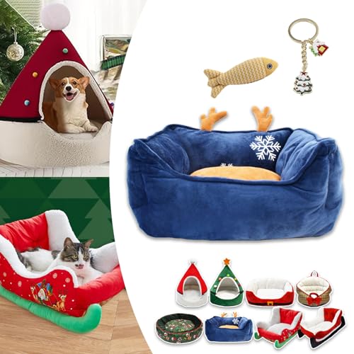 Cat Sleigh Bed, Christmas Sleigh Cat Bed with Non-Slip Bottom, Washable Christmas Dog Bed, Fuzzy Holiday Cat Bed, Keep Warm & Super Soft, Fits an 18Inch Crate, for Indoor Cats and Dogs (Blue antlers) von NNBWLMAEE