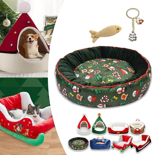 Cat Sleigh Bed, Christmas Sleigh Cat Bed with Non-Slip Bottom, Washable Christmas Dog Bed, Fuzzy Holiday Cat Bed, Keep Warm & Super Soft, Fits an 18Inch Crate, for Indoor Cats and Dogs (Green print) von NNBWLMAEE