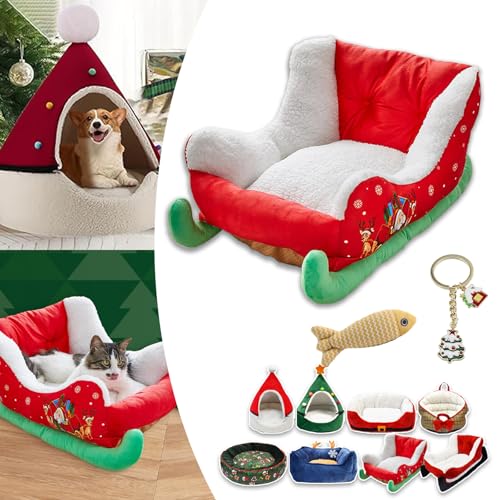 Cat Sleigh Bed, Christmas Sleigh Cat Bed with Non-Slip Bottom, Washable Christmas Dog Bed, Fuzzy Holiday Cat Bed, Keep Warm & Super Soft, Fits an 18Inch Crate, for Indoor Cats and Dogs (Green sleigh) von NNBWLMAEE