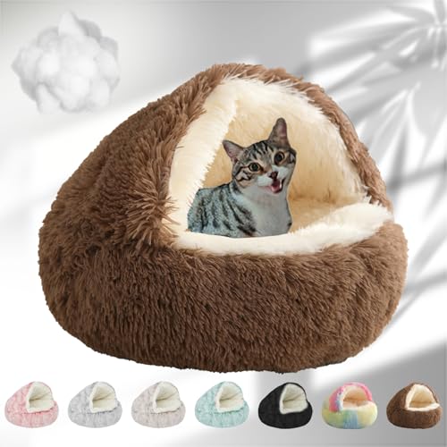 Lapcatz Nest Bed, 2024 New Lapcatz Cat and Dog Bed, Winter Warm Shell Semi-Enclosed Pet Cat Bed, Plush, Warm PP Cotton, Non-slip Bottom, Improve Pet's Sleep Quality, for Cats & Dogs (L-Brown) von NNBWLMAEE