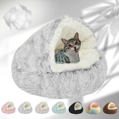 Lapcatz Nest Bed, 2024 New Lapcatz Cat and Dog Bed, Winter Warm Shell Semi-Enclosed Pet Cat Bed, Plush, Warm PP Cotton, Non-slip Bottom, Improve Pet's Sleep Quality, for Cats & Dogs (L-Grey) von NNBWLMAEE