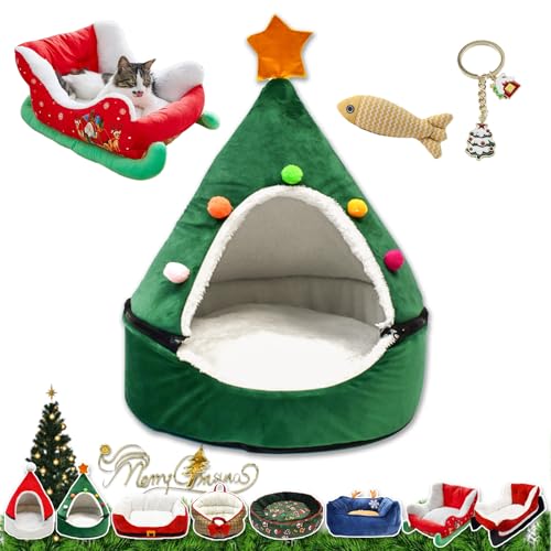 NNBWLMAEE Cat Sleigh Bed, Christmas Sleigh Cat Bed with Non-Slip Bottom, Washable Christmas Dog Bed, Fuzzy Holiday Cat Bed, Keep Warm & Super Soft, Fits an 18Inch Crate, for Dogs & Cats (Green House) von NNBWLMAEE