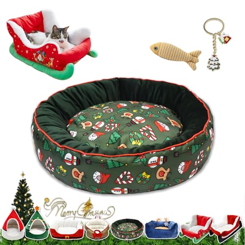 NNBWLMAEE Cat Sleigh Bed, Christmas Sleigh Cat Bed with Non-Slip Bottom, Washable Christmas Dog Bed, Fuzzy Holiday Cat Bed, Keep Warm & Super Soft, Fits an 18Inch Crate, for Dogs & Cats (Green Print) von NNBWLMAEE