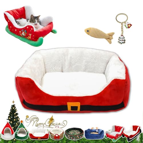 NNBWLMAEE Cat Sleigh Bed, Christmas Sleigh Cat Bed with Non-Slip Bottom, Washable Christmas Dog Bed, Fuzzy Holiday Cat Bed, Keep Warm & Super Soft, Fits an 18Inch Crate, for Dogs & Cats (Xmas Belt) von NNBWLMAEE