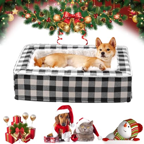 NNBWLMAEE Festive Classic Tartan Cozy Dog Anti-Anxiety Calming Bed, Christmas Classic Tartan Pet Bed Square, Dog Kennel Four Seasons Universal Sleeping Pet Mat, Removable, Washable (L,Black) von NNBWLMAEE