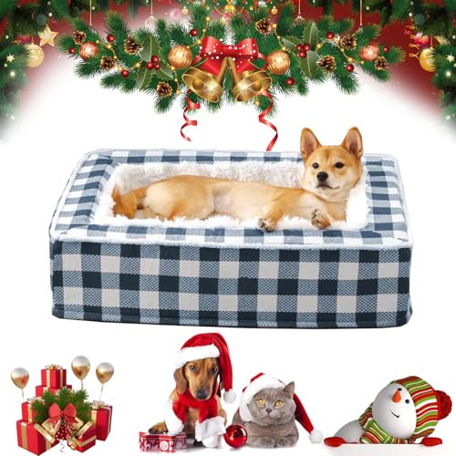 NNBWLMAEE Festive Classic Tartan Cozy Dog Anti-Anxiety Calming Bed, Christmas Classic Tartan Pet Bed Square, Dog Kennel Four Seasons Universal Sleeping Pet Mat, Removable, Washable (L,Blue) von NNBWLMAEE