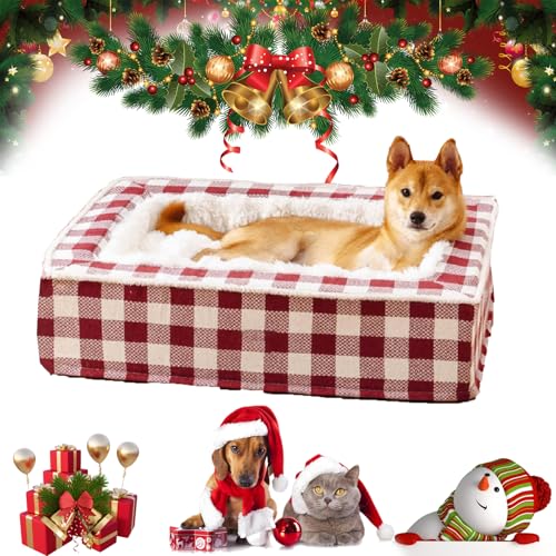 NNBWLMAEE Festive Classic Tartan Cozy Dog Anti-Anxiety Calming Bed, Christmas Classic Tartan Pet Bed Square, Dog Kennel Four Seasons Universal Sleeping Pet Mat, Removable, Washable (L,Red) von NNBWLMAEE