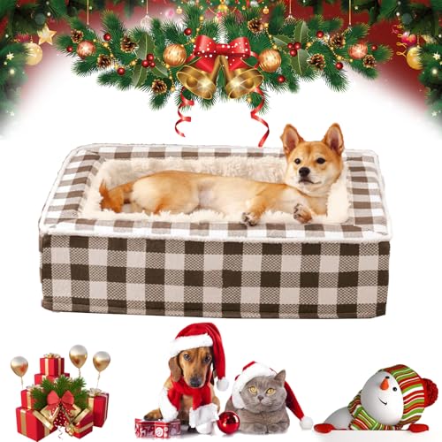 NNBWLMAEE Festive Classic Tartan Cozy Dog Anti-Anxiety Calming Bed, Christmas Classic Tartan Pet Bed Square, Dog Kennel Four Seasons Universal Sleeping Pet Mat, Removable, Washable (M,Brown) von NNBWLMAEE