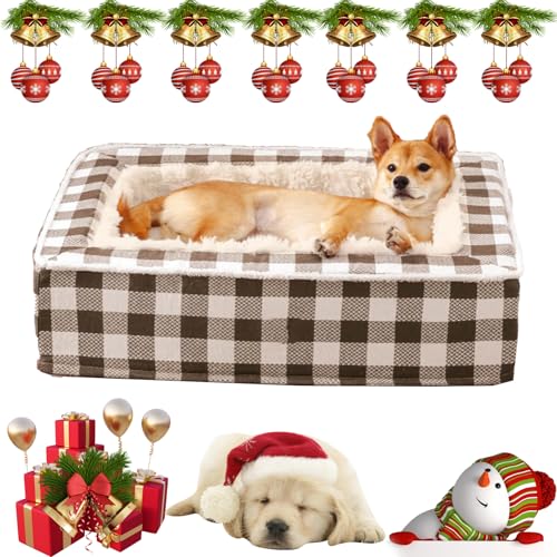 NNBWLMAEE Festive Classic Tartan Cozy Dog Anti-Anxiety Calming Bed, Christmas Classic Tartan Pet Bed Square, Dog Kennel Four Seasons Universal Sleeping Pet Mat, Removable, Washable (XL,Brown) von NNBWLMAEE