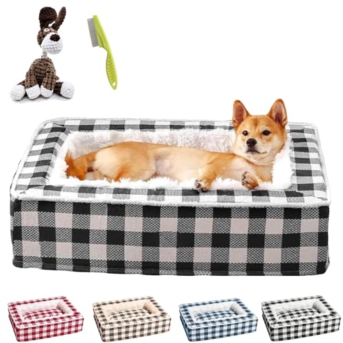 NNBWLMAEE Tartan Cozy Dog Anti-Anxiety Calming Bed, Classic Tartan Pet Bed, Fluffy Square Dog Beds for Large Medium and Small Dogs, Removable Washable (L,Black) von NNBWLMAEE