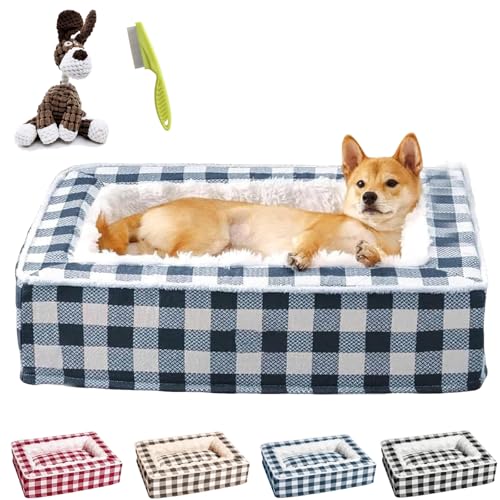 NNBWLMAEE Tartan Cozy Dog Anti-Anxiety Calming Bed, Classic Tartan Pet Bed, Fluffy Square Dog Beds for Large Medium and Small Dogs, Removable Washable (L,Blue) von NNBWLMAEE