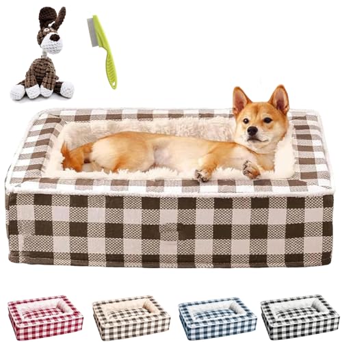 NNBWLMAEE Tartan Cozy Dog Anti-Anxiety Calming Bed, Classic Tartan Pet Bed, Fluffy Square Dog Beds for Large Medium and Small Dogs, Removable Washable (L,Brown) von NNBWLMAEE