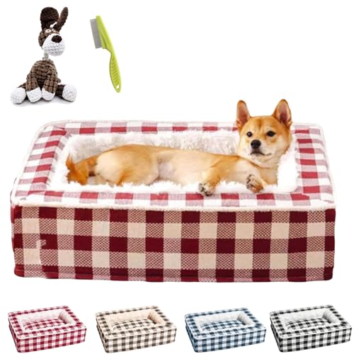 NNBWLMAEE Tartan Cozy Dog Anti-Anxiety Calming Bed, Classic Tartan Pet Bed, Fluffy Square Dog Beds for Large Medium and Small Dogs, Removable Washable (L,Red) von NNBWLMAEE