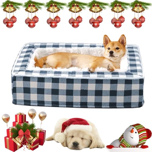 NNBWLMAEE Tartan Cozy Dog Anti-Anxiety Calming Bed, Festive Classic Bed Square, Extra Thick Removable Washable Cover Calming Dog Bed, Large Dog Sleeping Mat, for Cats and Dogs (L,Blue) von NNBWLMAEE