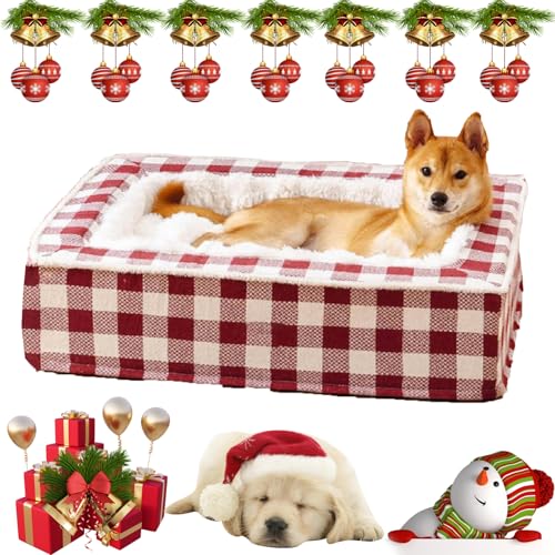 NNBWLMAEE Tartan Cozy Dog Anti-Anxiety Calming Bed, Festive Classic Bed Square, Extra Thick Removable Washable Cover Calming Dog Bed, Large Dog Sleeping Mat, for Cats and Dogs (L,Red) von NNBWLMAEE