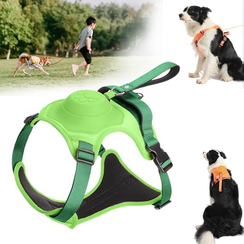 Poochbark 3-in-1-Hundegeschirr mit integrierter Leine, Hundegeschirr einziehbare Leine, verstellbares Haustiergeschirr mit Einziehbar, für kleine, mittelgroße und große Hunde (Grün) von NNBWLMAEE