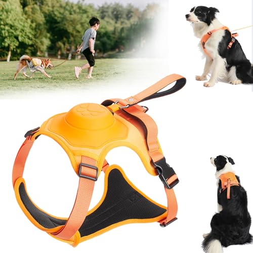 Poochbark 3-in-1-Hundegeschirr mit integrierter Leine, Hundegeschirr einziehbare Leine, verstellbares Haustiergeschirr mit Einziehbar, für kleine, mittelgroße und große Hunde (Orange) von NNBWLMAEE
