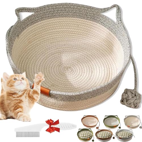 Virelapets Woven Rope Cat Basket, Virelapets Cat Toy Basket, Breathable Durable Natural Cotton Ropes Cats Baskets Bed, with Built-In Mat & Play Ball, Protects Furniture (Gray, Large) von NNBWLMAEE