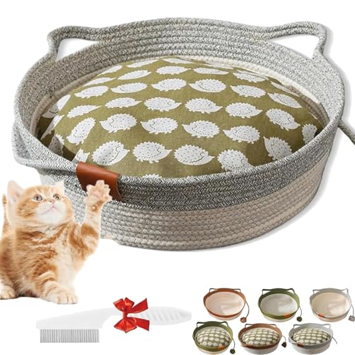 Virelapets Woven Rope Cat Basket, Virelapets Cat Toy Basket, Breathable Durable Natural Cotton Ropes Cats Baskets Bed, with Built-In Mat & Play Ball, Protects Furniture (Gray with Padding, Large) von NNBWLMAEE