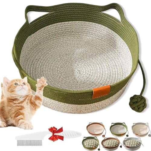 Virelapets Woven Rope Cat Basket, Virelapets Cat Toy Basket, Breathable Durable Natural Cotton Ropes Cats Baskets Bed, with Built-In Mat & Play Ball, Protects Furniture (Green, Large) von NNBWLMAEE