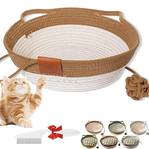 Virelapets Woven Rope Cat Basket, Virelapets Cat Toy Basket, Breathable Durable Natural Cotton Ropes Cats Baskets Bed, with Built-In Mat & Play Ball, Protects Furniture (Khaki, Large) von NNBWLMAEE