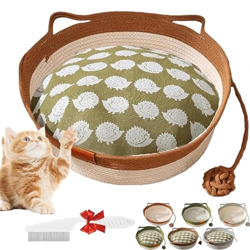 Virelapets Woven Rope Cat Basket, Virelapets Cat Toy Basket, Breathable Durable Natural Cotton Ropes Cats Baskets Bed, with Built-In Mat & Play Ball, Protects Furniture (Khaki Without pad, Large) von NNBWLMAEE