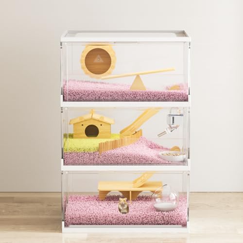 7-in-1 transparenter Hamsterkäfig, 3-lagig, großer Hampsterkäfig mit Zubehör und Spielzeug, Kleintierkäfig, Lebensraum, für Hanster 8,9 cm, für Zwerghamster, Syrische Hamster, Mäuse, Rennmäuse (38,1 x von NOONEAU