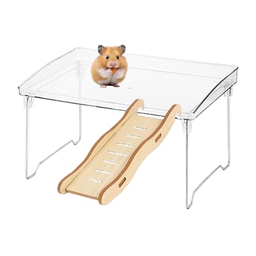 Hamster Spielplattform Acryl mit Holztreppe für syrische Zwerghamster, Rennmäuse, Mäuse und kleine Haustiere - Premium Käfigzubehör zum Klettern und Trainieren von NOONEAU