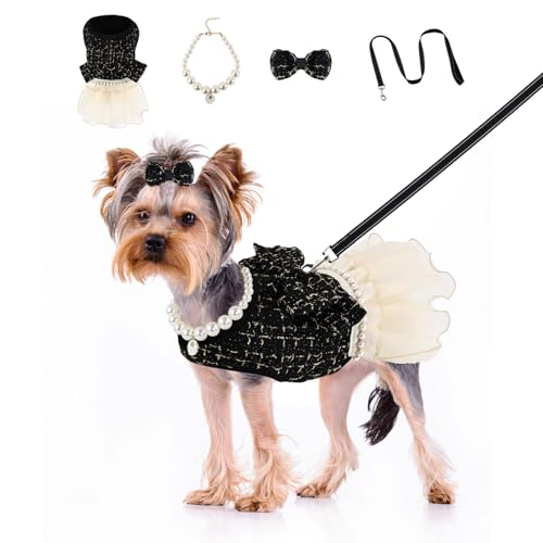 Elegantes Hundekleid, kariert, Tüllkleid, Geschirr mit Leine, Welpenröcke, Katzen-Outfit-Set, Haustierbekleidung für kleine und mittelgroße Hunde, Mädchen, Kostüm, Geburtstag, Hochzeit, Partykleid von NOWDER