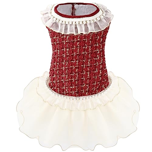 Elegantes Hundekleid aus Tüll, kariert, für Welpen, Katzen, Winterkleidung, Kleidung für kleine und mittelgroße Hunde, Mädchen-Kostüm, Hundegeburtstag, Hochzeit, Partykleid, Burgunderrot, Größe XL von NOWDER