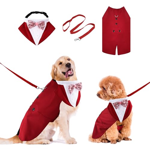 Formeller Anzug für Hunde mit Fliege, abnehmbares T-Shirt, Smoking, Outfit, perfekt für Hochzeit, Halloween, Geburtstag, Burgunderrot, Größe S von NOWDER