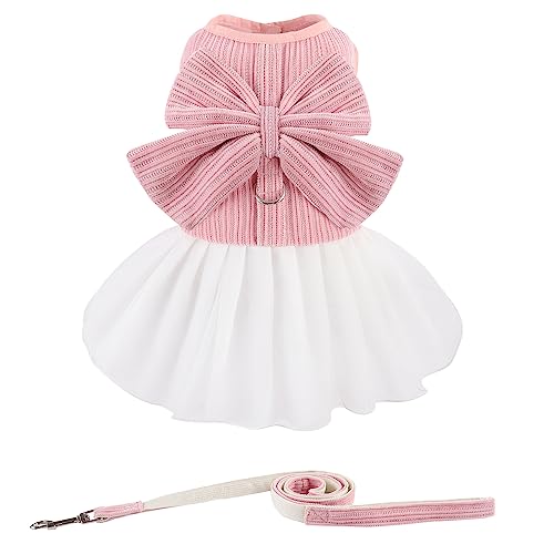 Niedliches Hundegeschirr mit Leine, für kleine und mittelgroße Hunde, Haustier-Outfit, Prinzessin, Fliege, Cord, Kleidung für Geburtstag, Braut, Urlaub, Halloween, Partykostüm (Pink, XL) von NOWDER