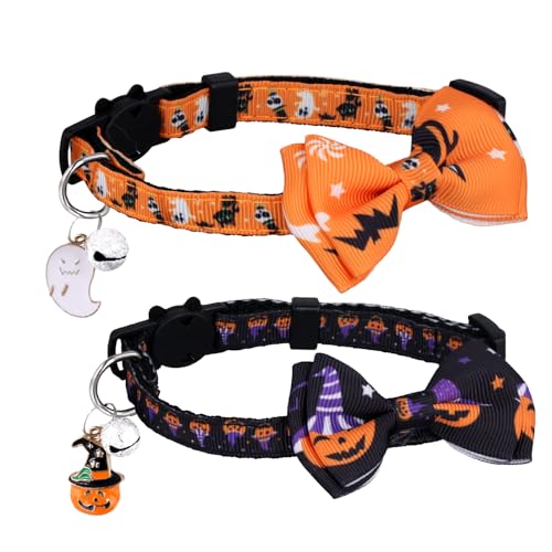 2stk Halloween-Katzenhalsband, Verstellbares Katzenhalsband mit Fliege Abtrennbarem Geister-Kürbis-Muster Katzenhalsband mit Glöckchen-Dekorationszubehör für Welpen Und Kätzchen von NQEUEPN