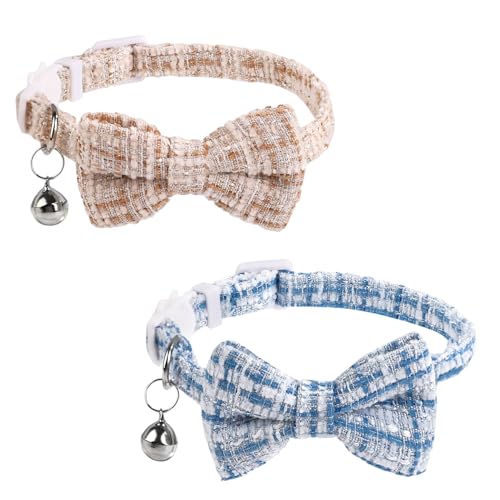 2stk Katzen Halsbänder, Katzenhalsband Stoff Mit Krawatte Glöckchen Verstellbares Kariertes Katzenhalsband mit Schleifenglocken Katzen Halsbänder für Männliche Weibliche Katzen(Beige, Blau) von NQEUEPN