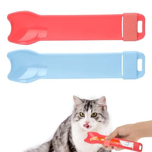 2stk Katzenfutter Spender, Süßer Leckerli-Löffel für Kätzchen Katzenfutterstreifen Multifunktionaler Katzenpüree-Löffel Innovativer Katzenleckerli-Löffel für Hunde und Katzen (Rosa, Blau) von NQEUEPN