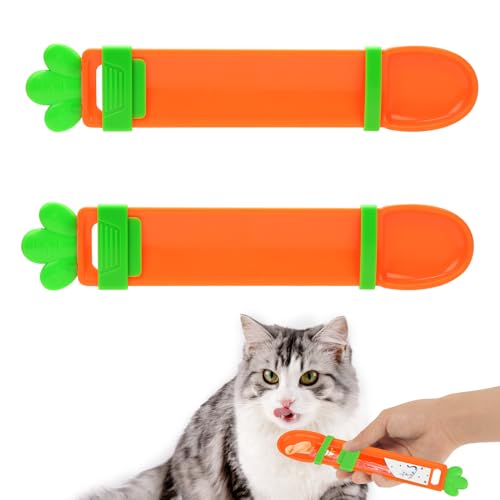 2stk Katzenfutter Spender, Süßer Leckerli-Löffel in Cartoon-Form für Kätzchen Katzenfutterstreifen in Karottenform Innovativer Katzenleckerli-Streifenlöffel für Hunde und Katzen (Orange) von NQEUEPN