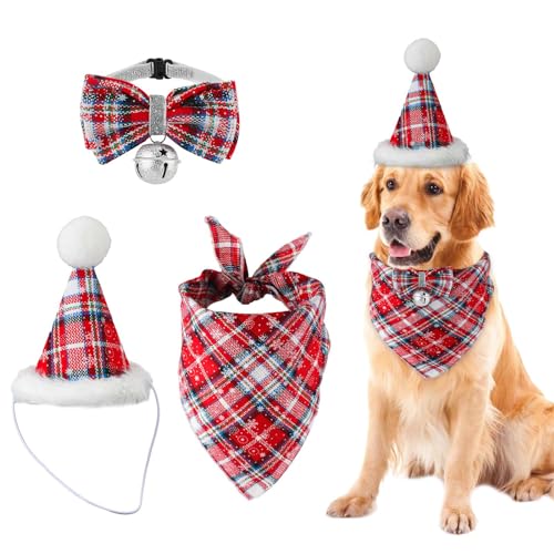 3 Stück Weihnachts Hunde Bandana Hut Fliege, Verstellbarer Roter Karierter Haustier Dreiecksschal Hunde Fliege mit Glöckchen Weihnachts Hundekostüm Zubehör für Haustiere und Katzen von NQEUEPN