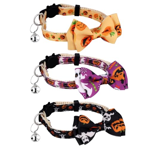 3stk Halloween-Katzenhalsband, Abnehmbares Katzenhalsband mit Glöckchen Fliege Süßes Kätzchenhalsband Verstellbar Feiertags-Kätzchenhalsband Dekorationszubehör für Katzen Welpen Kätzchen von NQEUEPN