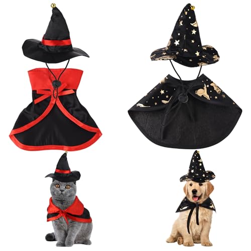 4stk Halloween-Haustier Kostüm, mit Umhang und Zauberhut Lustiges Haustier Cosplay Kleid Hunde-Hexe-Katzen Zauberer-Kostüm für Haustier Halloween Kostüme Geburtstags Festival Party von NQEUEPN