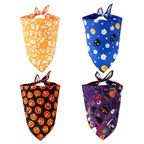 NQEUEPN 4stk Halloween Hundehalstuch, Atmungsaktives Dreieckstuch für Hunde Halloween Dreieckstuch Geister-Kürbis-Halloween-Bandanas für Große Kleine Mittelgroße Und Große Hunde Und Katzen (Stil 1) von NQEUEPN