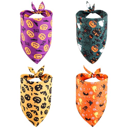 4stk Halloween Hundehalstuch, Atmungsaktives Dreieckstuch für Hunde Halloween Dreieckstuch Geister-Kürbis-Halloween-Bandanas für Große Kleine Mittelgroße Und Große Hunde Und Katzen (Stil 3) von NQEUEPN