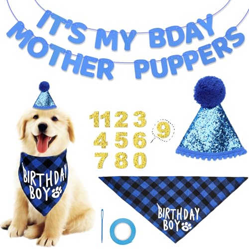 Blaue Hundegeburtstagsparty Dekorationen, Hundegeburtstagspartyzubehör Hut Bandana Hundegeburtstagshut Hundegeburtstagsbanner Welpengeburtstagsdekorationen für Hunde Haustiere (Stil 1) von NQEUEPN