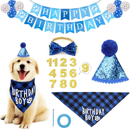 Blaue Hundegeburtstagsparty Dekorationen, Hundegeburtstagspartyzubehör Hut Bandana Hundegeburtstagshut Hundegeburtstagsbanner Welpengeburtstagsdekorationen für Hunde Haustiere (Stil 2) von NQEUEPN